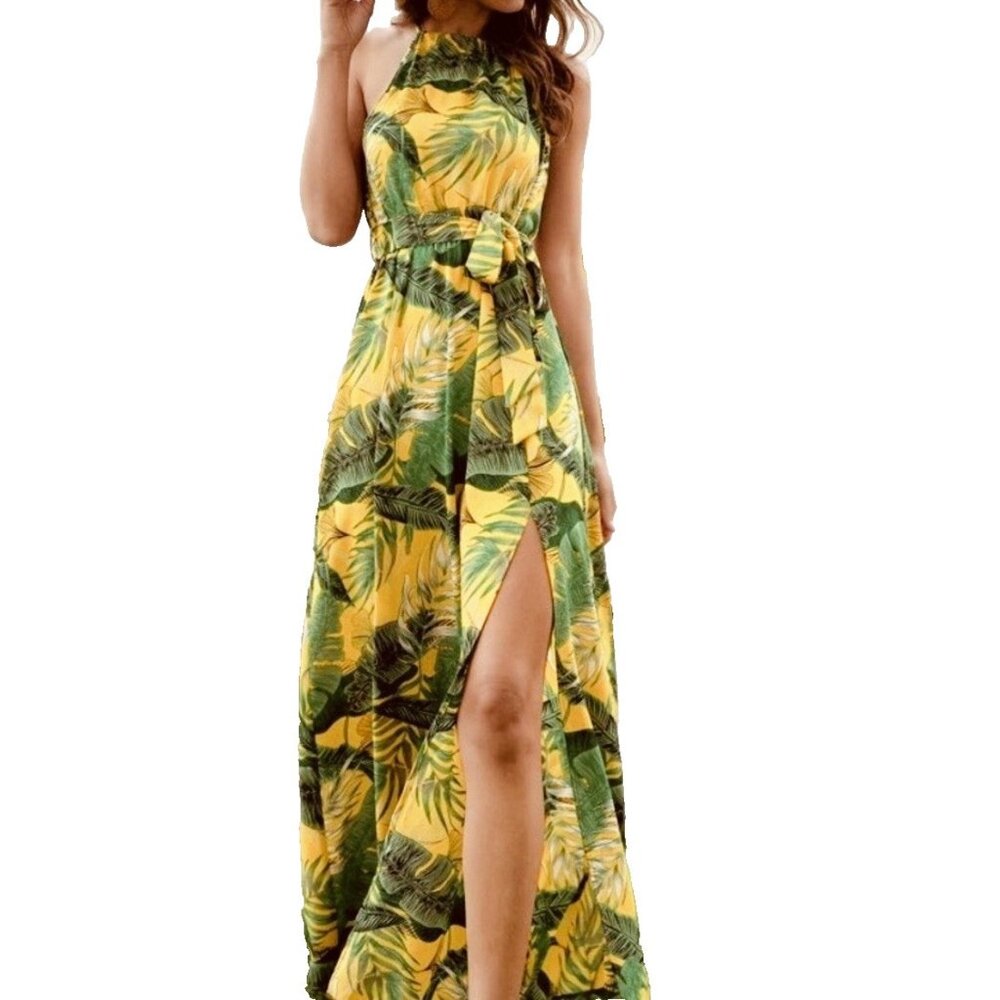 Women's Maxi Dress Sz XL Tropical Palm Fern Green Yellow Crepe Front Slit Resort